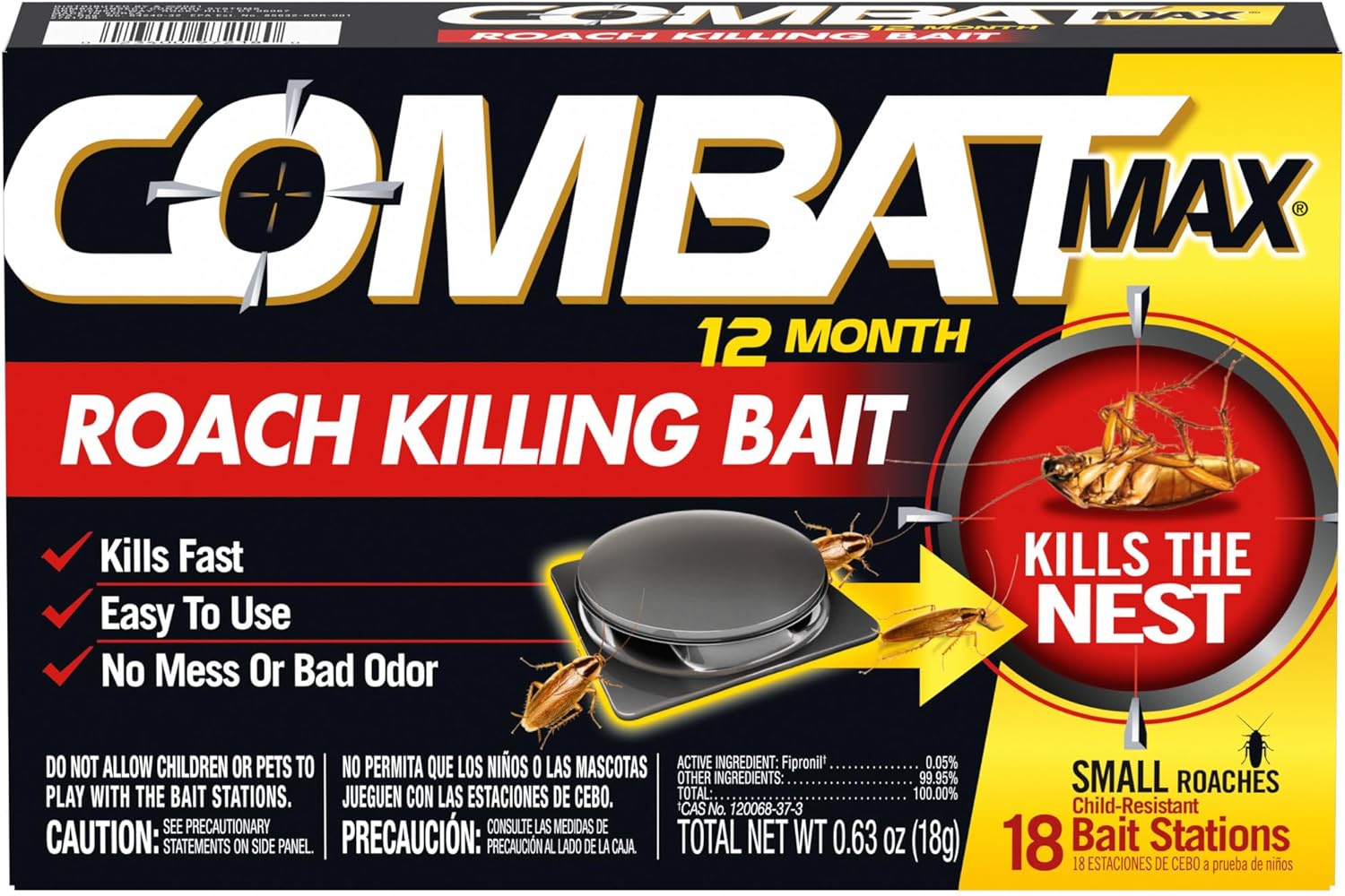 Combat Max 12 Month Roach Killing Bait, Small Roach Bait Station, Child-Resistant, 18 Count