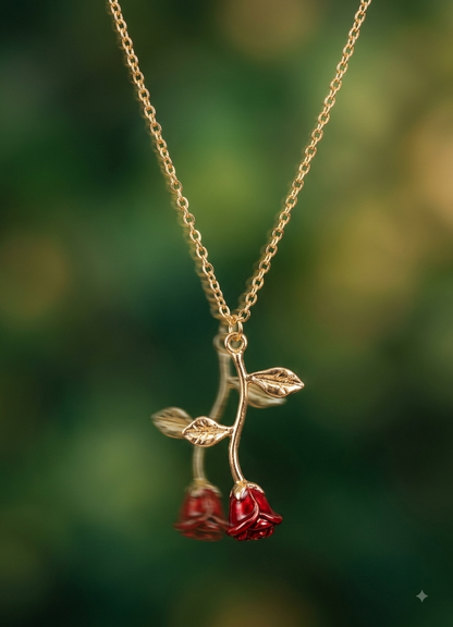 The Enchanted Rose Pendant Necklace – Gold Plated with Red Bud.